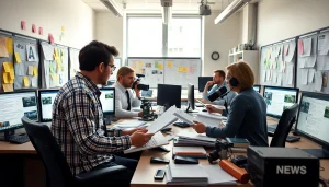 Aktuelle Meldungen im Editorial-Büro, Journalist diskutiert Nachrichten.