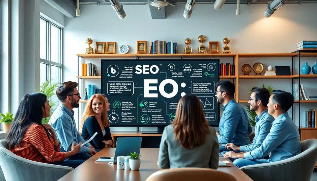 Präsentation von SEO Tipps in einem modernen Büroumfeld mit einem engagierten Team.
