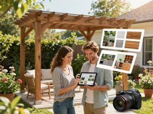 Paar, das den Pergola Konfigurator verwendet, um eine maßgeschneiderte Gartenpergola zu gestalten, zeigt AR-Visualisierungen und eine wunderschöne Gartenumgebung.