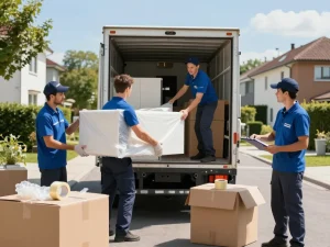 Zuverlässiges Umzugsunternehmen Hannover-Team lädt Möbel in den Lkw für ein reibungsloses Umzugserlebnis.