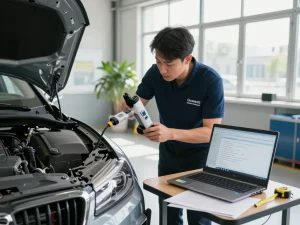 kfz gutachter bewertet Fahrzeugschäden in einer modernen Inspektionswerkstatt mit professionellen Werkzeugen.