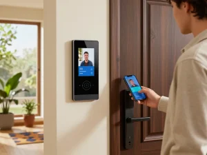 Person nutzt das Goliath Türsprechanlage Intercom-System im Eingangsbereich eines modernen Hauses