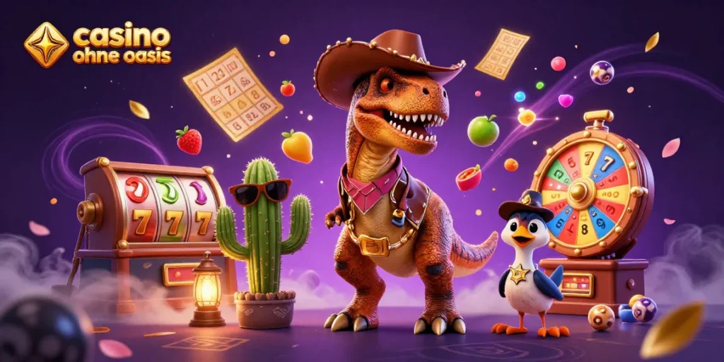Action-packed scene of casino ohne oasis featuring colorful slot reels and playful characters.