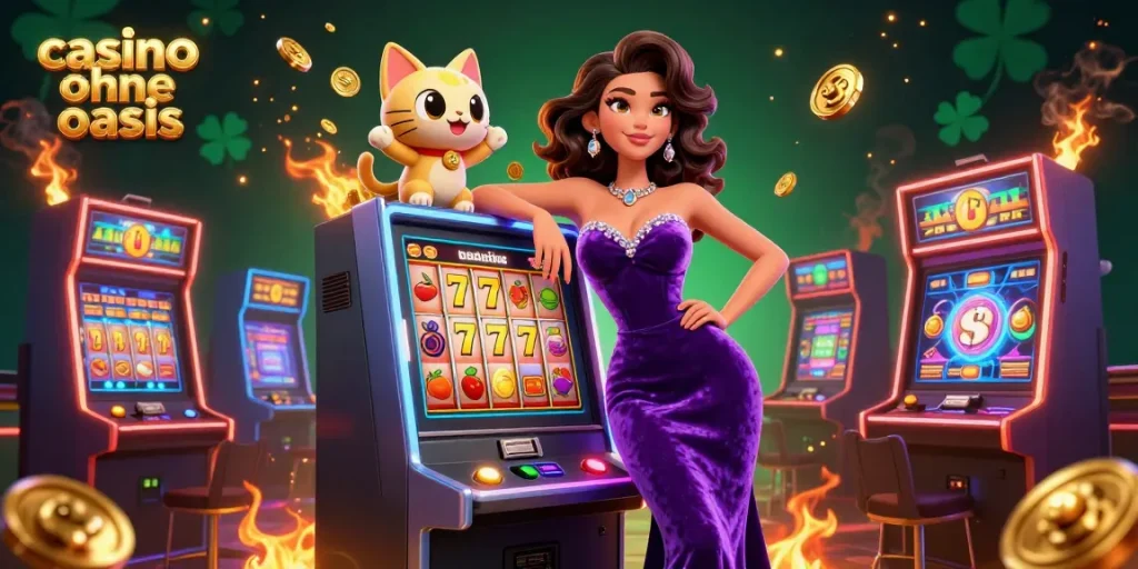 Experience thrilling gameplay at a casino ohne oasis with vibrant slot machines and a lucky mascot.