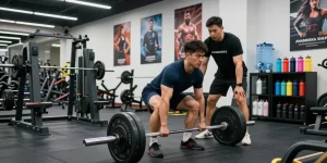 Bodybuilder performing deadlifts in a gym, illustrating the commitment to fitness and products from Anabolika Shop.