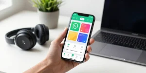 Explore FM WhatsApp app on smartphone showcasing vibrant customization features.