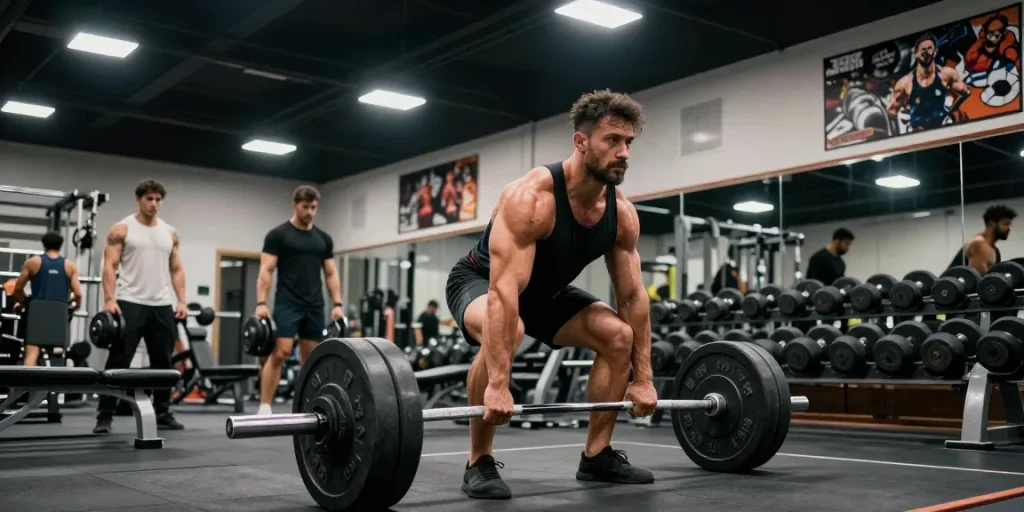 Anabolika Shop Deutschland - engagierter Bodybuilder hebt Gewichte in einem hellen Fitnessstudio, verkörpert Stärke und Fitnessziele.