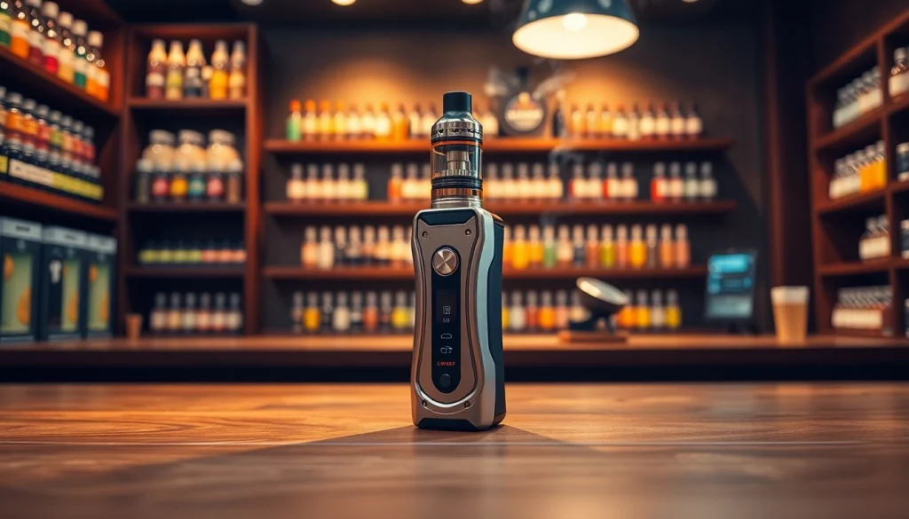 HDQ Vape-Gerät auf einem stilvollen Tisch in einem einladenden Vape-Shop präsentieren.