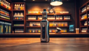 HDQ Vape-Gerät auf einem stilvollen Tisch in einem einladenden Vape-Shop präsentieren.