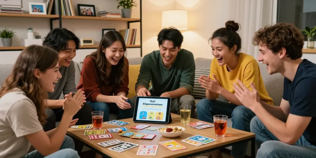 Group of friends enjoying Quiz Allgemeinwissen together in a cozy living room