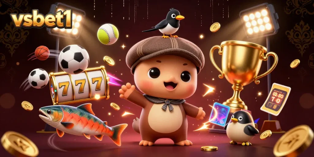 Engage with the fun at vsbet1 featuring a whimsical casino scene with characters and dynamic game elements.
