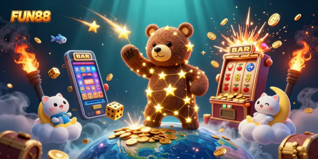 Experience winning thrills with FUN88's vibrant casino illustration featuring jackpot spins and dynamic elements.
