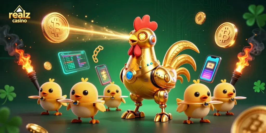 Experience the excitement of realz casino with a vibrant, futuristic 3D scene featuring crypto elements.