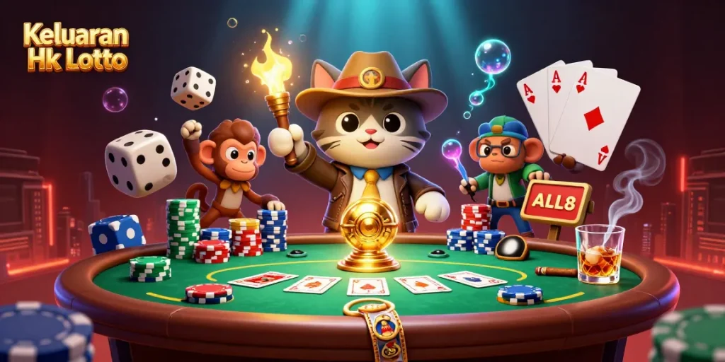 Keluaran Hk Lotto showcases a vibrant scene with a cartoon archaeologist cat discovering casino treasures.