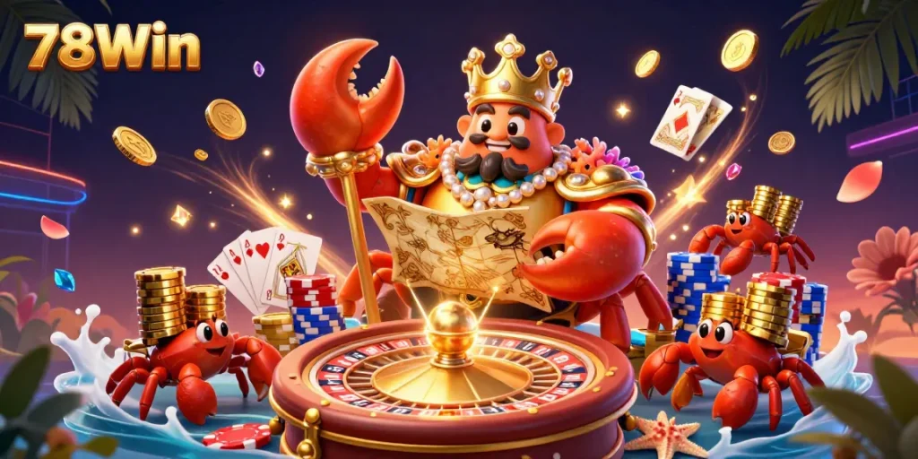 Boost your gambling skills with stunning 78Win visuals, featuring a golden crab emperor in a dazzling casino setting.