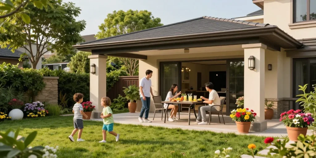 Freistehende Terrassenüberdachung in einem Garten mit Familie und Kindern.