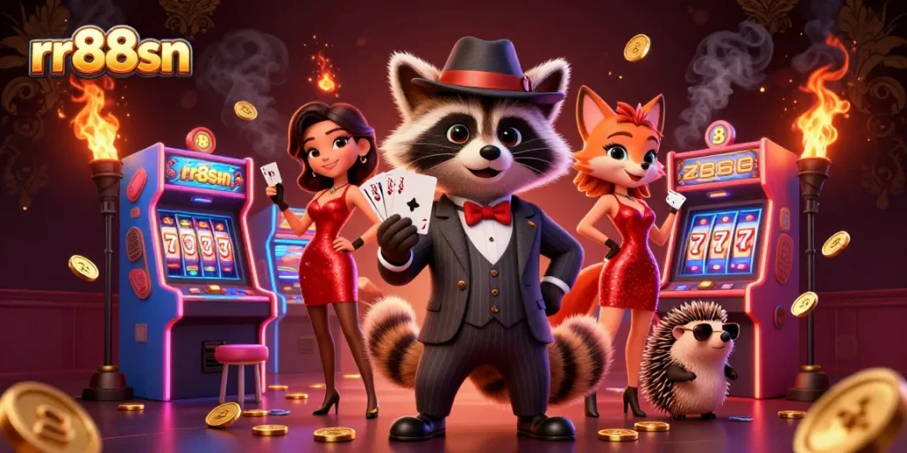 Win big with rr88sn in a vibrant casino scene featuring cartoon characters and gaming icons.