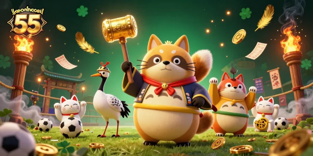 Engage in thrilling sports betting action with keonhacai 55 as animated characters bring luck and excitement.