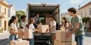 Umzugsunternehmen Worms-Team hilft einer Familie beim Packen und Transportieren von Möbeln.