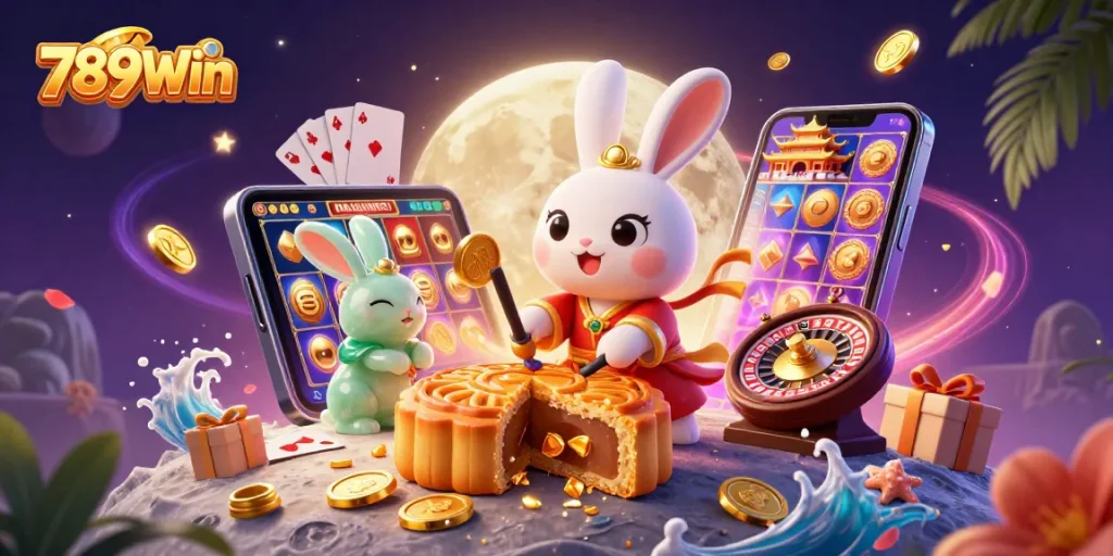 Play exciting games at 789Win while enjoying vibrant slots and animations within a unique casino scene.