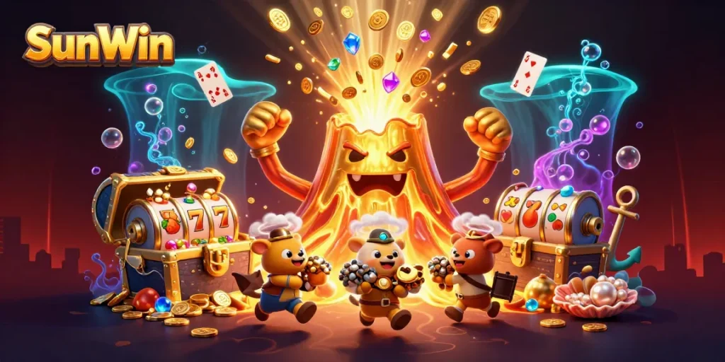 Experience thrilling gambling with SunWin as a golden volcano erupts with coins and vibrant games.