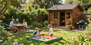 Gartenhaus kaufen: Eine Familie genießt die Zeit im Gartenhaus mit Spiel und Erholung.