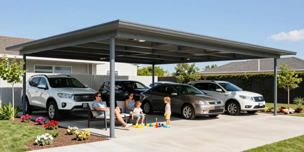 Moderne Carport-Struktur mit Familie, die entspannt, während Kinder spielen.