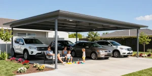 Moderne Carport-Struktur mit Familie, die entspannt, während Kinder spielen.